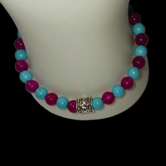 Turquoise & Magenta Jade Crystal Beaded Stretch Bracelet Y2K Slip On Style - Picture 6 of 12